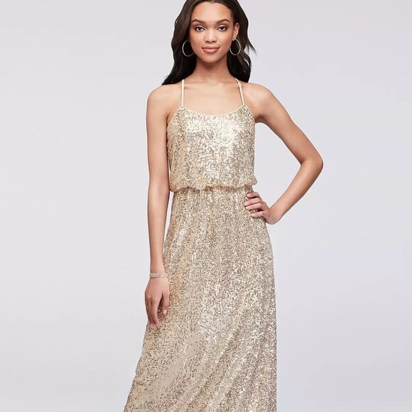 NWT $199.95 DAVID’S BRIDAL Allover Sequin Blouson Tank Bridesmaid Gold Dress 10 - Picture 1 of 11
